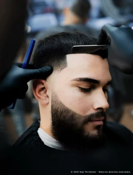 Haircut and beard detail during a session.