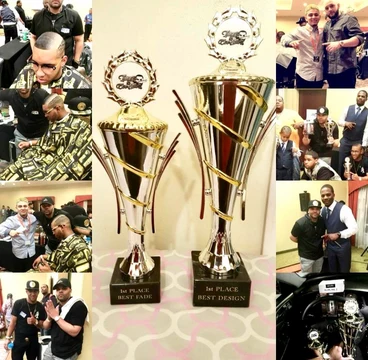 Collage of Tulpi’s early competition days, featuring first-place Best Fade and Best Design trophies and event photos.