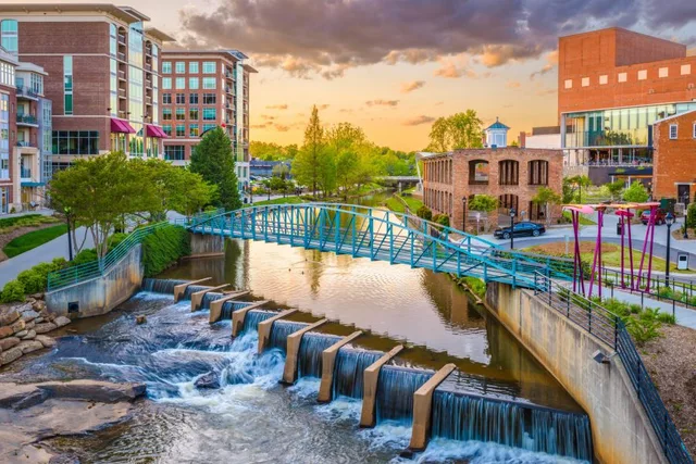 Pedestrian bridge and Reedy River in downtown Greenville, South Carolina
