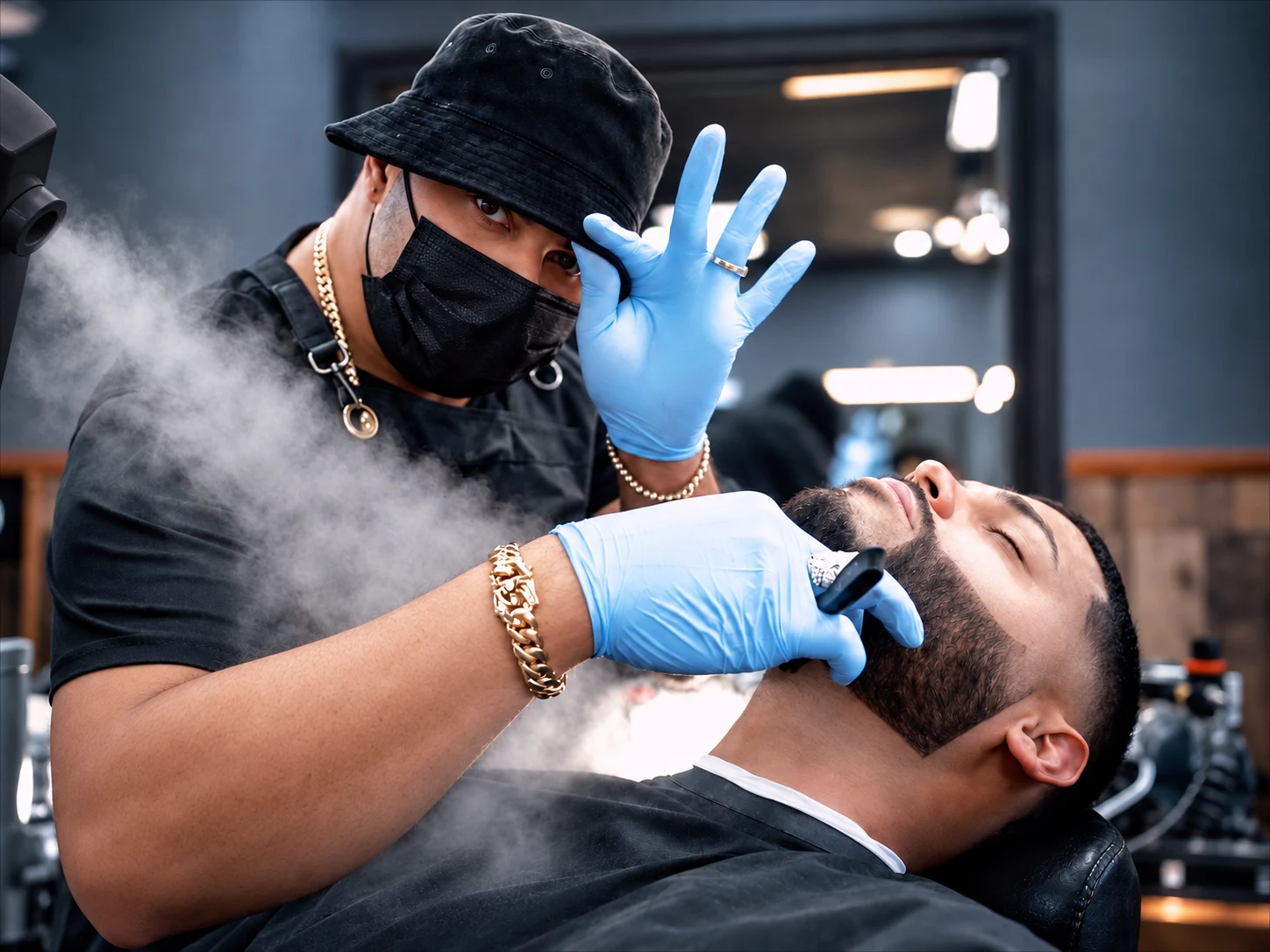Tulpi The Barber wearing blue gloves and detailing a client's beard with a straight razor
