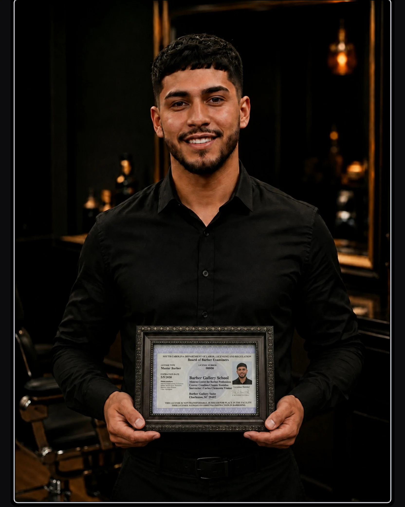 Barber graduate holding a framed license