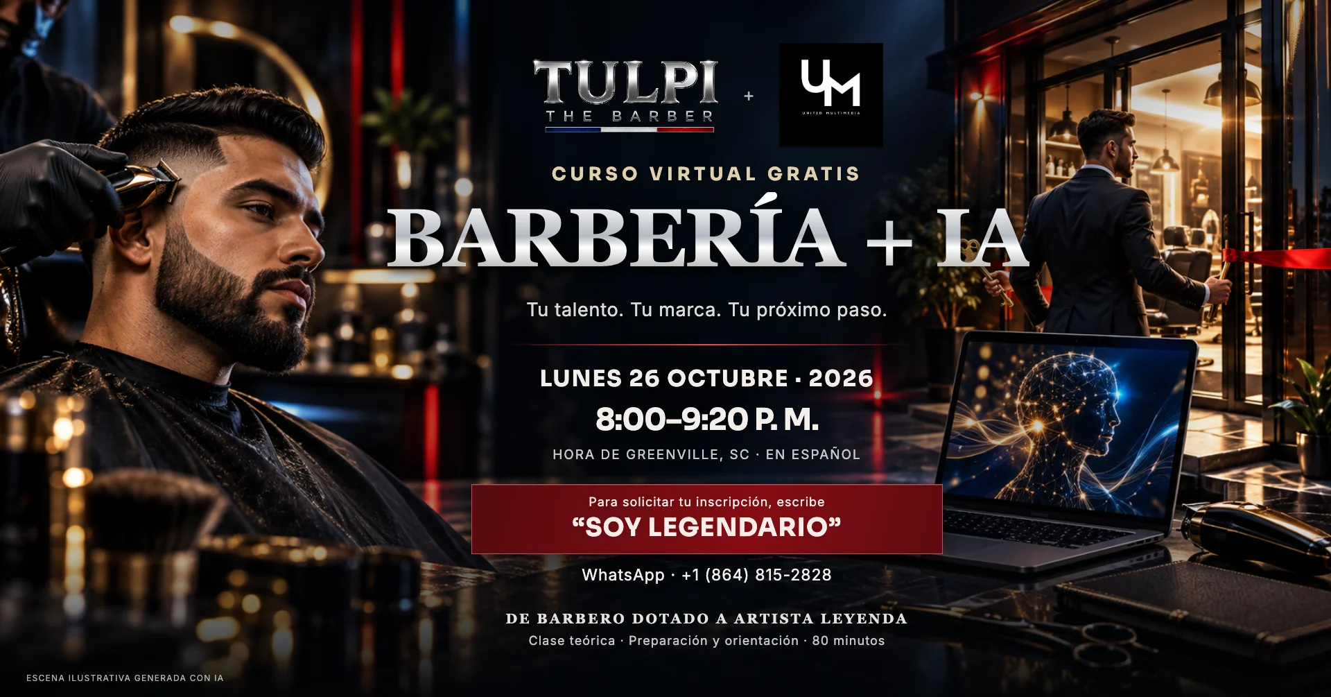 Portada ilustrativa del curso gratis de barbería e IA, con Tulpi The Barber y United Multimedia, el 26 de octubre de 2026.